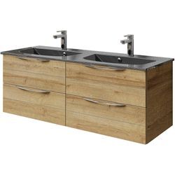 Waschtisch SAPHIR "Serie 6025 Mineralmarmor-Waschtisch mit Unterschrank, 132 cm breit", braun (riviera eiche, riviera eiche quer nb), B:132cm H:49,9cm T:48cm, Waschtische, Doppel-Waschplatz mit 4 Schubladen, hängend, verschiedene Ausführungen