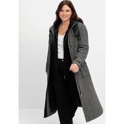 Trenchcoat SHEEGO "Große Größen", Damen, Gr. 42, schwarz-weiß (schwarz, weiß), Obermaterial: 70% Polyester, 30% Wolle;Futter: 100% Polyester, gemustert, klassisch, figurumspielend normal, Langarm, Mäntel, im Cargo-Stil, mit Stehkragen