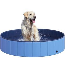 Hundebadewanne faltbar Badewanne Hundepool Plantschbecken Swimmingpool Wasserbecken für Hunde und Katzen Schwimmbecken Kunststoff+Holz Blau Ø140 x