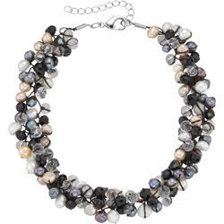 Collier FIRETTI "Schmuck Geschenk Halsschmuck Halskette Kette", braun (silberfarben, braun, weiß, schwarz), Halsketten, Damen, Metall-Nylon-Perlen, L: 45cm B: 20mm, Metall, Nylon, Perlen, mit Kristallstein - mit Süßwasserzuchtperle, B:20mm