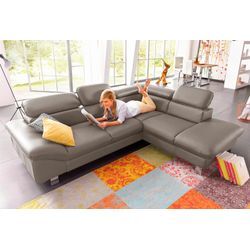 Ecksofa COTTA "Driver L-Form", grau (stein), B:268cm H:73cm T:214cm, Kunstleder SOFTLUX, LEDER BEEFY (ein abgedecktes Spalt-Rindsleder) im Sitz und Rücken (Korpus in Kunstleder), Luxus-Kunstleder, NaturLEDER (echtes Rindsleder) im Sitz und Rücken (Rückseite mit Spannstoff bezogen), Sofas, mit Kopfteilverstellung, wahlweise mit Bettfunktion