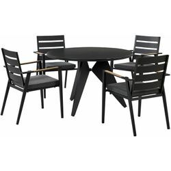 Gartenmöbel Set 5-teilig Schwarz Aluminium Tisch ⌀ 110 cm Rund Keramikplatte mit 4 Stühlen Auflagen Grau Stapelbar Terrasse Außenbereich