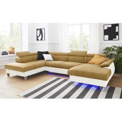 Wohnlandschaft COTTA "Komaris U-Form" Sofas Gr. B: 320 cm, Kunstleder SOFTLUX-Struktur, Ottomane links, mit Bettfunktion-mit Bettkasten-ohne RGB-LED-Beleuchtung-mit Kopfteilverstellung, beige (creme, mustard) inklusive Kopfteilverstellung, wahlweise mit Bettfunktion und RGB-LED