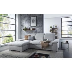 Ecksofa CALIZZA INTERIORS "Moli 1 L-Form" Sofas Gr. B/H/T: 259 cm x 89 cm x 179 cm, Flachgewebe, Longchair links, silberfarben (silber) Ecksofas mit Bettkasten, Kopfteilverstellung und Sitztiefenverstellung