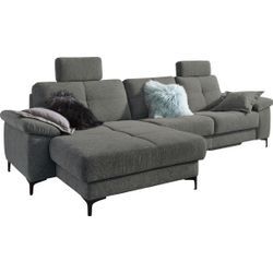 Ecksofa 3C CARINA "Burnaby L-Form", grau (stone), B:296cm H:87cm T:162cm, Chenille-Optik (59, 7% Polyester, 34, 4% Polyacryl, 5, 9% Viskose), Sofas, 2 Kopfstützen, optional mit Schlaf- und motorischer Relaxfunktion