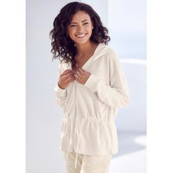 Sweatjacke LASCANA Gr. 32/34, beige (ecru), Damen, Obermaterial: 50% Baumwolle, 50% Polyester, unifarben, Sweatjacken Homewear Oberteile, mit Tunnelzug in der Taille, Loungewear, Loungeanzug