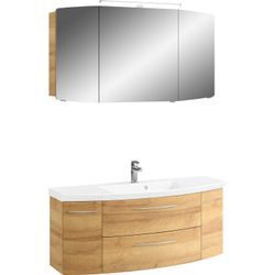 Badmöbel-Set SAPHIR "Cassca Sprint 2-teilig Mineralmarmor-Waschtisch mit LED-Spiegelschrank", braun (riviera eiche quer nachbildung), B:121cm H:200cm T:50,5cm, Spanplatte, Kastenmöbel-Sets, Waschplatz 121 cm breit mit 5 Türen, 2 Schubladen, inkl. Türdämpfer