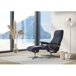 Relaxsessel STRESSLESS "View", blau (oxford blau paloma), B:91cm H:110cm T:85cm, Leder PALOMA: PALOMA ist ein durchgefärbtes Semianilin-Möbelleder mit natürlicher Narbung., Sessel, mit Hocker, mit Cross Base, Größe S, M & L, Holzakzent Braun