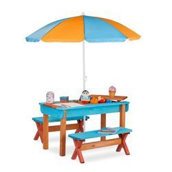 Relaxdays - Kindersitzgruppe Garten, Holz, Spieltisch Set aus Tisch, 2x Sitzbank & Sonnenschirm, Outdoor Kindermöbel, bunt