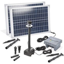 Solar led Teichpumpe mit Filter 50/1400 für außen set Sprinklerpumpe 1400/h LiFePo4 Akku Erdspieß Solarmodule 50W Solarbrunnen für Gartenteich