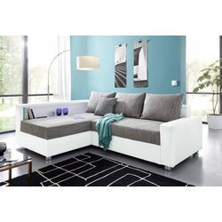 Ecksofa COLLECTION AB "Relax L-Form", grau (weiß, grau), B:223cm H:84cm T:91cm, Zierkissen: 100%Polyester, Struktur (100% Polyester), Microfaser PRIMABELLE (100% Polyester), Kunstleder SOFTLUX / Struktur (80% Polyester, 20% Acryl), Microfaser PRIMABELLE (100% Polyester) / Struktur (80% Polyester, 20% Acryl), Sofas, Ecksofa, inklusive Bettfunktion, Federkern, wahlweise mit RGB-LED-Beleuchtung