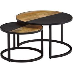 Finebuy - Couchtisch 2er Set Mango Massivholz / Stein-Optik Sofatisch Rund Modern, Design Beistelltisch 2-teilig, Runde Wohnzimmertische, Holztisch