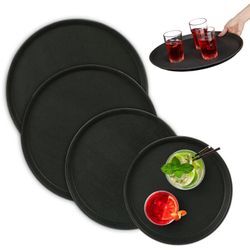 Serviertablett 4er Set, rutschfeste Oberfläche, rundes Kellnertablett, Tablett Gastronomie, 4 Größen, schwarz - Relaxdays