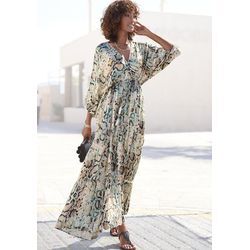 BUFFALO Maxikleid mehrfarbig Gr. 34 für Damen. Tiefer V-Ausschnitt und Quasten, Bindeband, Allover-Druck. Figurumspielend. Nachhaltig.