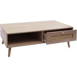 Couchtisch HHG 212, Wohnzimmertisch Beistelltisch Sofatisch, Schublade Kubu Rattan Holz Melamin, 37x110x59cm Eiche-Optik