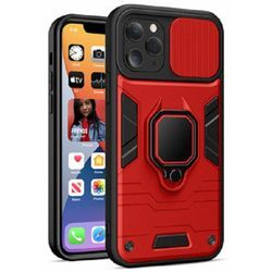 Handy Hülle mit Kameraschutz Panzerhülle Stoßfest Bumper Cover Outdoor Hülle mit Ring Magnet Halter kompatibel mit iPhone 13 Pro rot