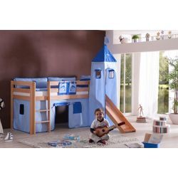 Halbhohes Spielbett ALEX mit Rutsche/Turm Buche massiv natur lackiert mit Stoffset blau/delfin