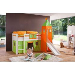 Halbhohes Spielbett ALEX mit Rutsche/Turm Buche massiv weiß lackiert mit Stoffset grün/orange