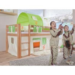 Halbhohes Spielbett ALEX Buche massiv natur lackiert mit Stoffset Beige/Grün