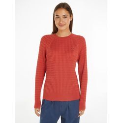 Rundhalspullover TOMMY HILFIGER "CO CABLE C-NK SWEATER", Damen, Gr. XL (42), rot (terra rot), Feinstrick, Obermaterial: 100% Baumwolle, unifarben, casual, normal hüftlang, Rundhals, Langarm Raglanärmel Rippstrickbündchen, Pullover, mit Zopfmuster