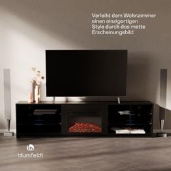 Klarstein tv Board, Wohnzimmer Möbel für tv, 160 cm Fernsehschrank mit Elektrokamin, Großes TV-Lowboard, Niedrige TV-Schränke mit Farbigen LEDs,