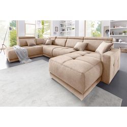 Wohnlandschaft DOMO COLLECTION "Ava U-Form" Sofas Gr. B/H/T: 351cm x 84cm x 222cm, Microfaser PRIMABELLE, Ottomane links, ohne Kopfteilverstellung (Gesamtbreite 346cm), beige (natur) mit Federkern, wahlweise Kopfteilverstellungen