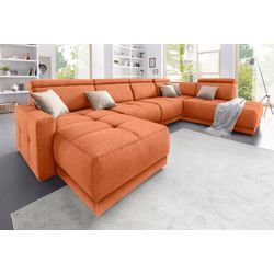 Wohnlandschaft DOMO COLLECTION "Ava U-Form" Sofas Gr. B/H/T: 351cm x 84cm x 222cm, Microfaser PRIMABELLE, Ottomane rechts, ohne Kopfteilverstellung (Gesamtbreite 346cm), orange (terrakotta) mit Federkern, wahlweise Kopfteilverstellungen