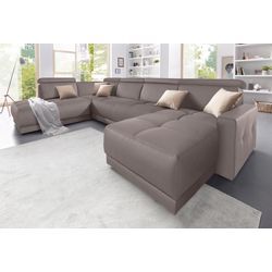 Wohnlandschaft DOMO COLLECTION "Ava U-Form" Sofas Gr. B/H/T: 351cm x 84cm x 222cm, Kunstleder SOFTLUX, Ottomane links, mit Kopfteilverstellung (Gesamtbreite 351cm), braun (schlamm) mit Federkern, wahlweise Kopfteilverstellungen