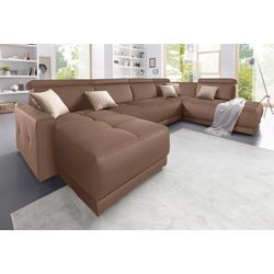 Wohnlandschaft DOMO COLLECTION "Ava U-Form" Sofas Gr. B/H/T: 351cm x 84cm x 222cm, Kunstleder SOFTLUX, Ottomane rechts, ohne Kopfteilverstellung (Gesamtbreite 346cm), braun (espresso) mit Federkern, wahlweise Kopfteilverstellungen