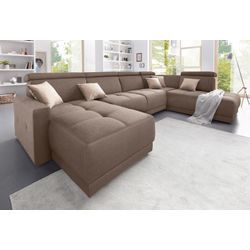 Wohnlandschaft DOMO COLLECTION "Ava U-Form" Sofas Gr. B/H/T: 351cm x 84cm x 222cm, Struktur fein, Ottomane rechts, ohne Kopfteilverstellung (Gesamtbreite 346cm), beige mit Federkern, wahlweise Kopfteilverstellungen