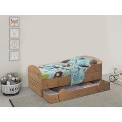 Kinderbett LÜTTENHÜTT "Levke", beige (natur, natur, natur), B:97cm H:62cm L:205cm, Betten, aus massiver Kiefer, 90x160 cm, inklusive Schubkasten und Lattenrost