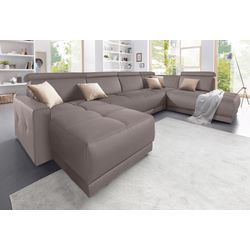 Wohnlandschaft DOMO COLLECTION "Ava U-Form" Sofas Gr. B/H/T: 351cm x 84cm x 222cm, Kunstleder SOFTLUX, Ottomane rechts, ohne Kopfteilverstellung (Gesamtbreite 346cm), braun (schlamm) mit Federkern, wahlweise Kopfteilverstellungen