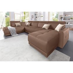 Wohnlandschaft DOMO COLLECTION "Ava U-Form" Sofas Gr. B/H/T: 351cm x 84cm x 222cm, Kunstleder SOFTLUX, Ottomane links, mit Kopfteilverstellung (Gesamtbreite 351cm), braun (espresso) mit Federkern, wahlweise Kopfteilverstellungen