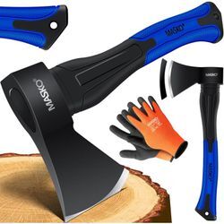 Masko® Spaltaxt, Spaltbeil Axt, FIBERGLAS-Stiel + Handschuhe, die Perfekten Werkzeuge für Garten und Wald, Universal, Robust, Schwarz-Blau / 800g