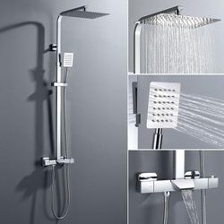 Auralum - Duschsystem 3 Funktionen Dusche Duscharmatur fürs Badezimmer/Badwannen Regendusche mit Thermostat Wasserhahn, Handbrause, verstellbarer