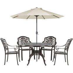 Gartenmöbel Set mit Sonnenschirm Dunkelbraun Aluminum 4-Sitzer 6-teilig mit Auflagen Runder Tisch Garten Terrasse Balkon Ausstattung Möbel