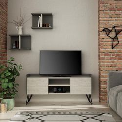 Toscohome TV-Ständer 125cm aus Holz mit 2 Türen in Vintage-Weiß und Anthrazit - Klappe