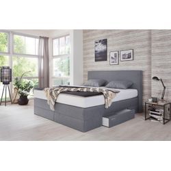 Boxspringbett, grau (strukturstoff grau), Liegefläche B/L: 180cm x 200cm, H3, 5-Zonen-Tonnentaschen-Federkernmatratze, WESTFALIA SCHLAFKOMFORT, Komplettbetten, Boxspringbett, mit Schubkästen und Zierkissen