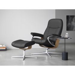 Relaxsessel STRESSLESS "Consul", grau (rock paloma), B:78cm H:97cm T:70cm, Leder PALOMA: PALOMA ist ein durchgefärbtes Semianilin-Möbelleder mit natürlicher Narbung., Sessel, mit Hocker, mit Cross Base, Größe S, M & L, Holzakzent Eiche