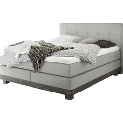 Boxspringbett HASENA "Boston", grau (grau, akazie grau), B:168cm L:210cm, Komplettbetten, Boxspringbett, Massivholz-Sockel, Punktsteppung im Kopfteil, Federkernmatratze