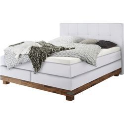 Boxspringbett HASENA "Boston", weiß (weiß, akazie grau), B:148cm L:210cm, Komplettbetten, Boxspringbett, Massivholz-Sockel, Punktsteppung im Kopfteil, Federkernmatratze