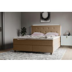 Boxspringbett INOSIGN "Alenika", braun (sandbraun), B:141cm L:208cm, 100% Polyester, Komplettbetten, Boxspringbett, mit LED - Beleuchtung, mit Taschen-Federkernmatratze