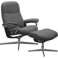 Relaxsessel STRESSLESS "Garda", grau (grau batick), Sessel, Leder BATICK, Cross Base Schwarz, Relaxfunktion-Drehfunktion-Plus™System-Gleitsystem-BalanceAdapt™, B/H/T: 82cm x 102cm x 72cm mit Hocker, mit Cross Base, Größe M & L, Holzakzent Schwarz