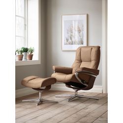 Fußhocker STRESSLESS "Mayfair", braun (latte batick), B:55cm H:41cm T:39cm, Leder BATICK: BATICK ist ein leicht korrigiertes, durchgefärbtes und genarbtes Möbelleder, bei dem die meisten Unebenheiten und Spuren in der Regel entfernt wurden., Hocker, mit Cross Base, Größe S, M & L, Holzakzent Braun