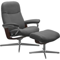 Relaxsessel STRESSLESS "Garda", grau (grau batick), B:82cm H:102cm T:72cm, Leder BATICK: BATICK ist ein leicht korrigiertes, durchgefärbtes und genarbtes Möbelleder, bei dem die meisten Unebenheiten und Spuren in der Regel entfernt wurden., Sessel, mit Cross Base, Größe M & L, Holzakzent Braun