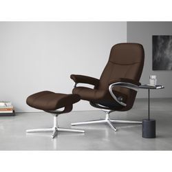 Relaxsessel STRESSLESS "Consul", braun (malt braun batick), B:82cm H:102cm T:72cm, Leder BATICK: BATICK ist ein leicht korrigiertes, durchgefärbtes und genarbtes Möbelleder, bei dem die meisten Unebenheiten und Spuren in der Regel entfernt wurden., Sessel, mit Cross Base, Größe S, M & L, Holzakzent Braun