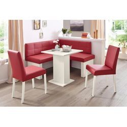 Eckbankgruppe SCHÖSSWENDER "Anna 2" Sitzmöbel-Sets Gr. Kunstleder, Eckbank Anna 130cm x 130cm-Säulentisch Anna 68cm x 68cm-2 x Stühle Anna-Weiß dekor-Lotos 5269 rot + Eckbank nicht umstellbar-Tisch ohne Auszug-2x Stühle massives Gestell, rot (holzwerkstoff mit farbe weiß, lotos 5269 rot, weiß) 2 Stühlen massiven Gestell