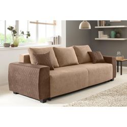 Schlafsofa HOME AFFAIRE "Bella" Sofas Gr. B/H/T: 241cm x 90cm x 94cm, Microfaser PRIMABELLE-Luxus-Microfaser, mit Bettfunktion-mit Bettkasten, braun (hellbraun) mit geprägtem Bezug bei Armlehnen