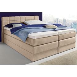 Boxspringbett HAPO, beige, Liegefläche B/L: 180cm x 200cm, kein Härtegrad, Bonnell-Federkernmatratze, Das Bett ist mit pflegeleichtem Feinstrukturstoff in Leinenoptik (100% Polyester) bezogen., Die Oberseite der Unterfederung und die Ober- und Unterseite der Obermatratze sind jeweils mit einem rutschhemmenden Stoff aus 70% Polyester und 30% Polypropylen bespannt., Komplettbetten, Boxspringbett, mi