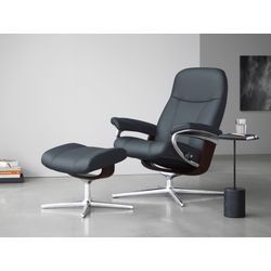 Relaxsessel STRESSLESS "Consul", blau (atlantic blau batick), B:82cm H:102cm T:72cm, Leder BATICK: BATICK ist ein leicht korrigiertes, durchgefärbtes und genarbtes Möbelleder, bei dem die meisten Unebenheiten und Spuren in der Regel entfernt wurden., Sessel, mit Hocker, mit Cross Base, Größe S, M & L, Holzakzent Braun